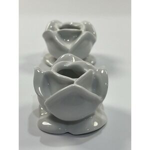 Vintage 1980s Apilco France Porcelain Ceramic White Rose Candle Holder Set Of 2